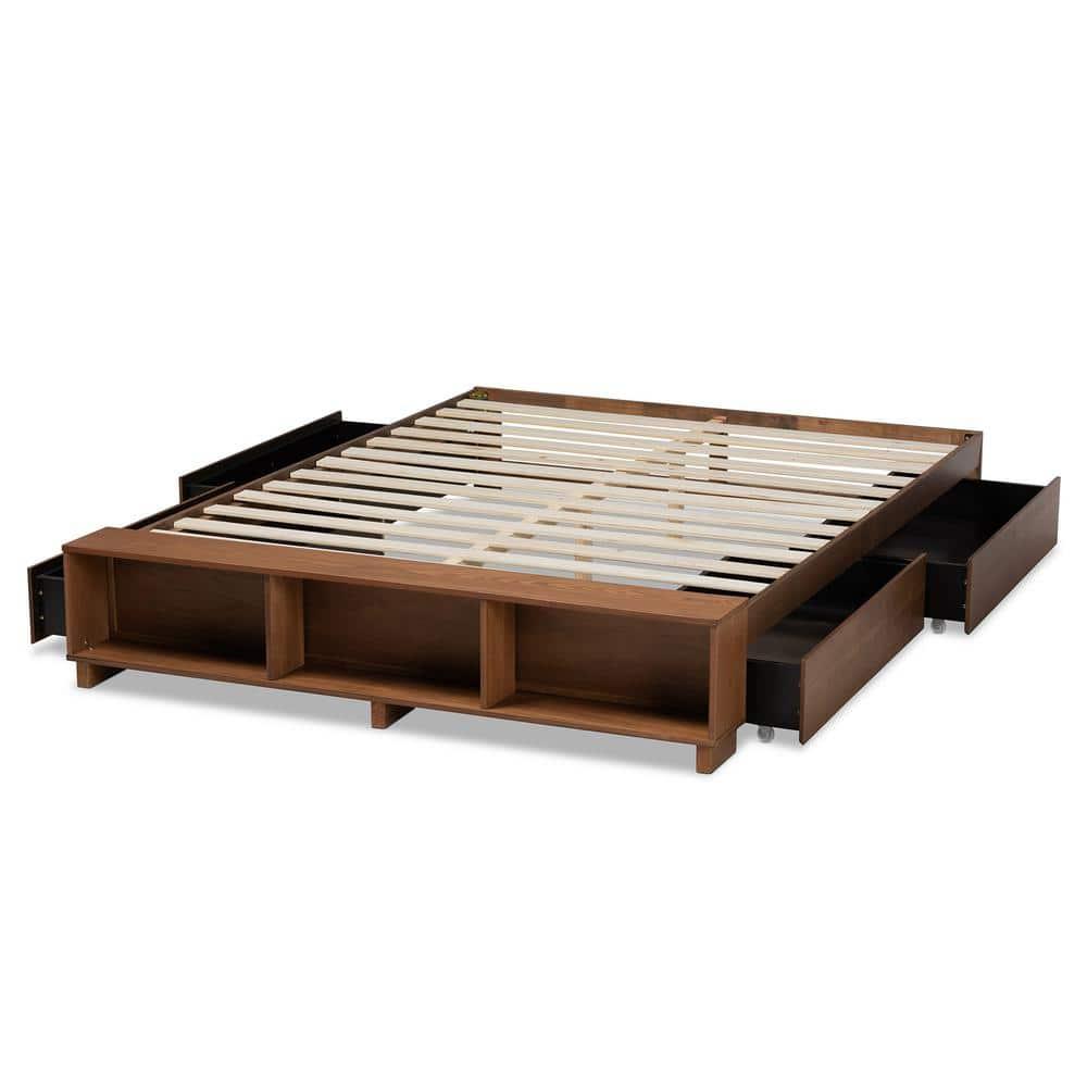Queen Arthur Wood Platform Bed with Built-In Shelves Ash Walnut - Baxton Studio: Storage Drawers & No Box Spring Needed