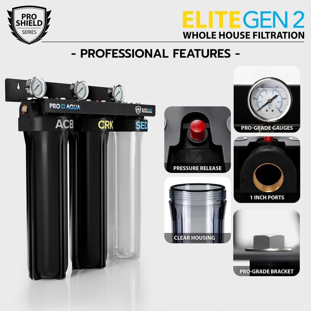 PRO+AQUA ELITE SERIES GEN2 PRO-100-E 3-Stage Whole House Water Filtration System for City and Well Water with Pressure Gauges, Removes 99% of Chlorine, VOCs, Odors & Contaminants, 1” Ports