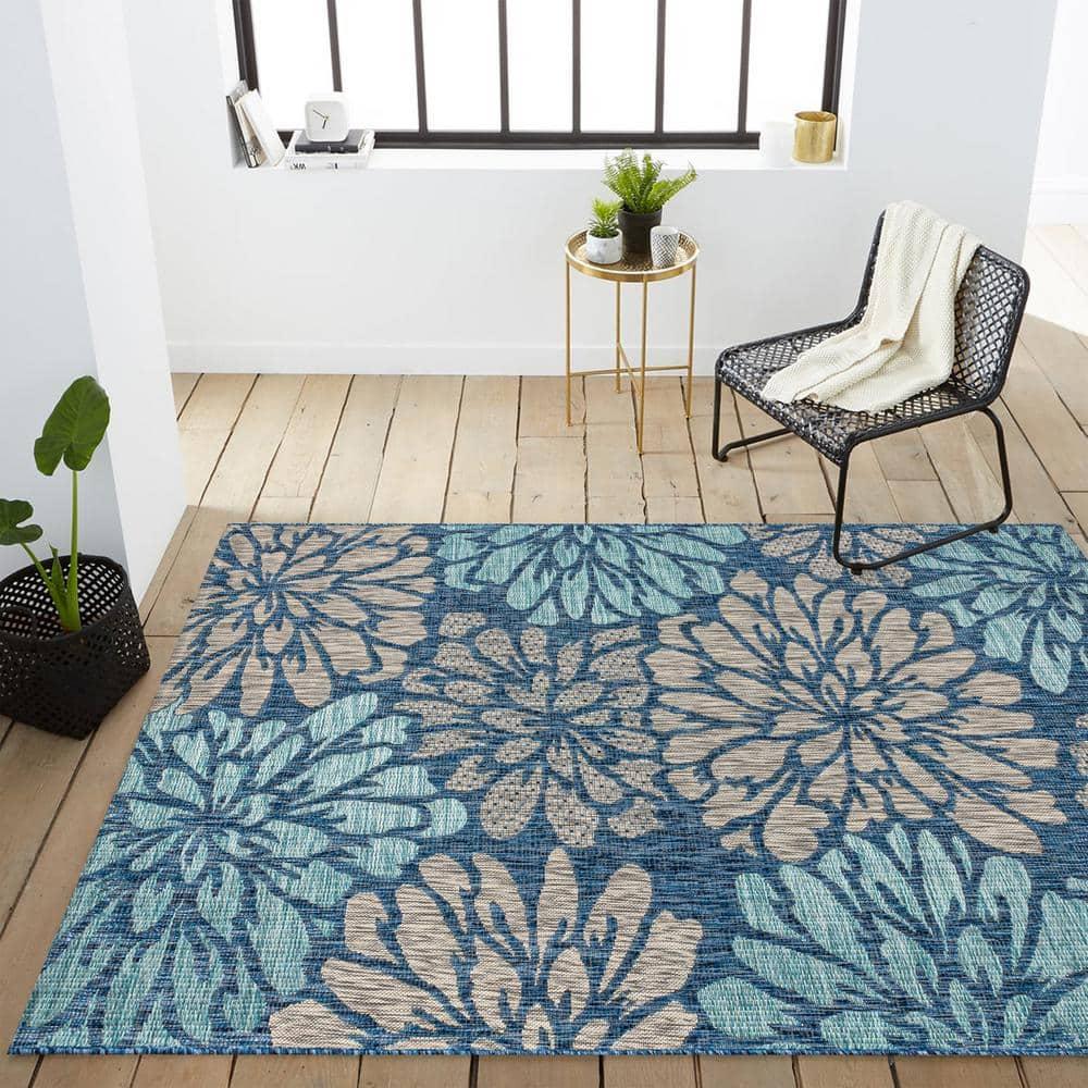 4'x6' Zinnia Modern Floral Textured Weave Indoor/Outdoor Area Rug, Navy/Aqua - JONATHAN Y
