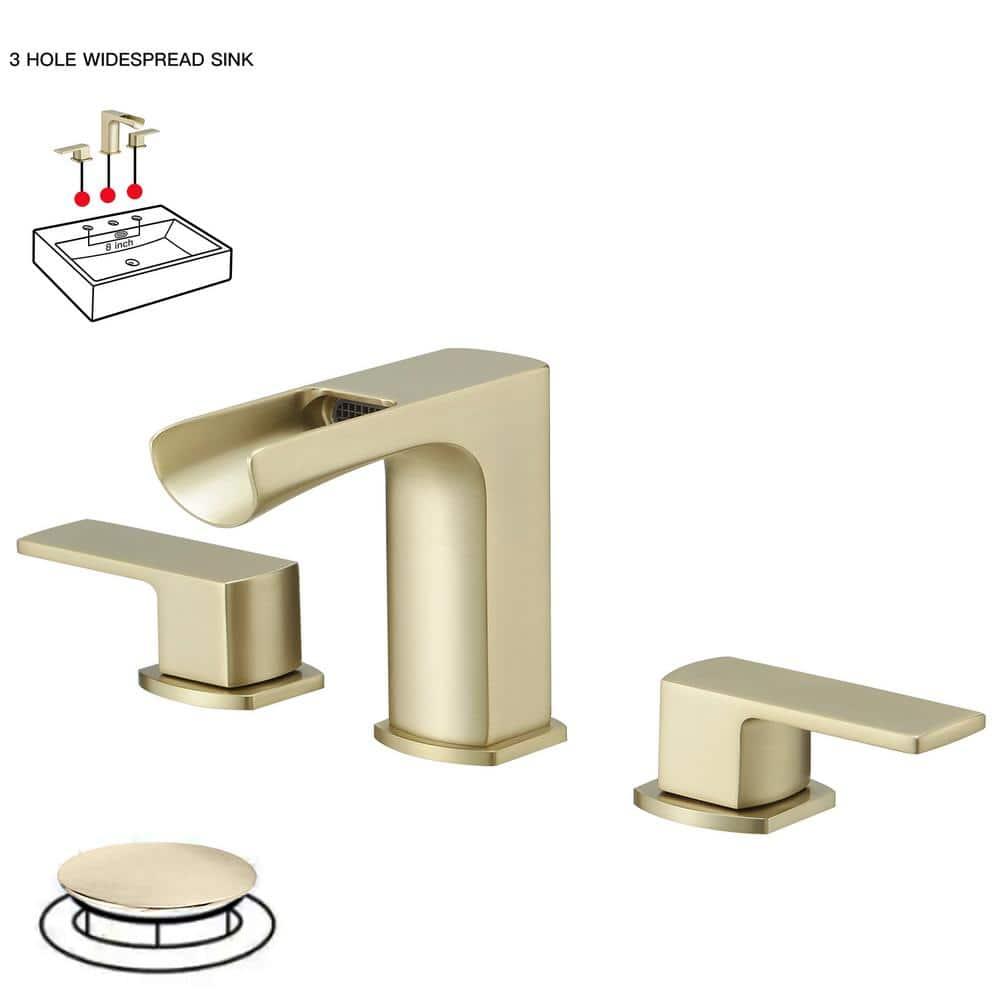 BWE Waterfall 8 in. Widespread Double Handle Bath Faucet Set 3 Holes Vanity Sink With Metal Drain