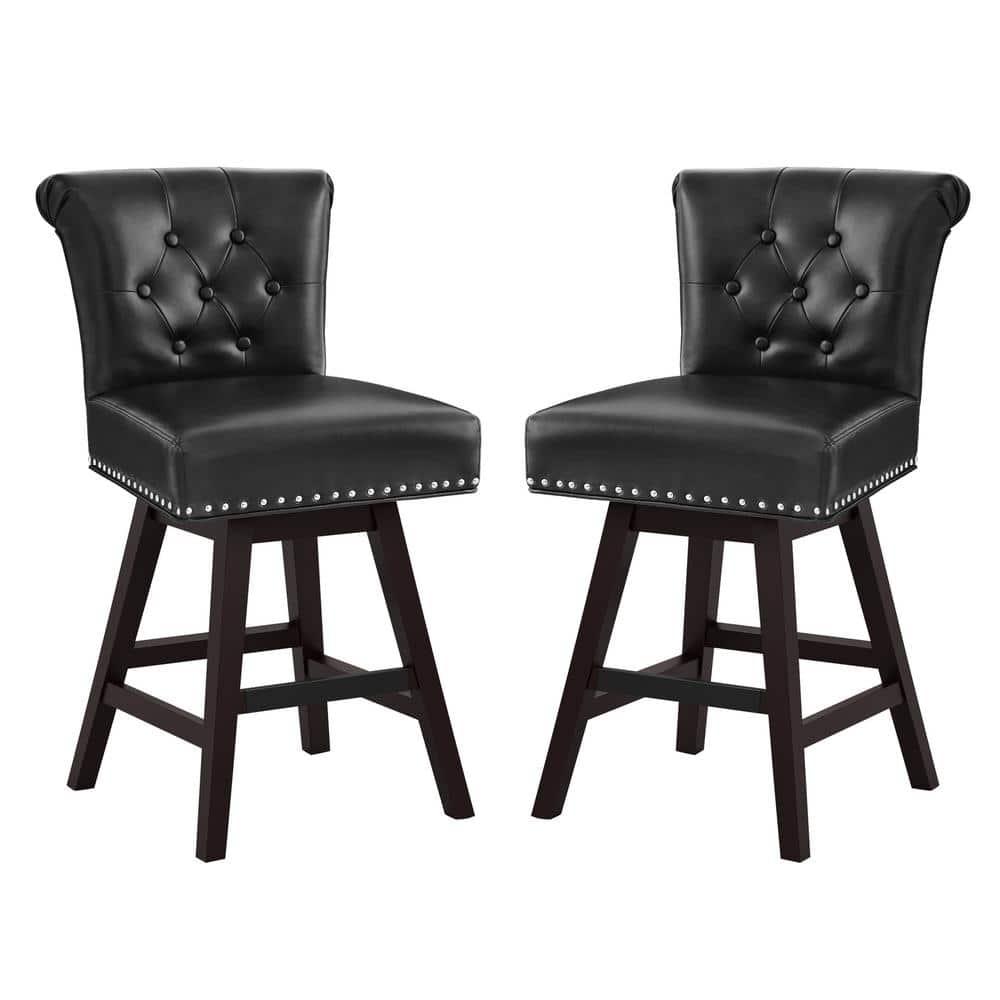 Dycanpo 26'' Swivel Bar Stools Set of 2, Upholstered Barstool with Footrest for Kitchen,Black-Faux Leather