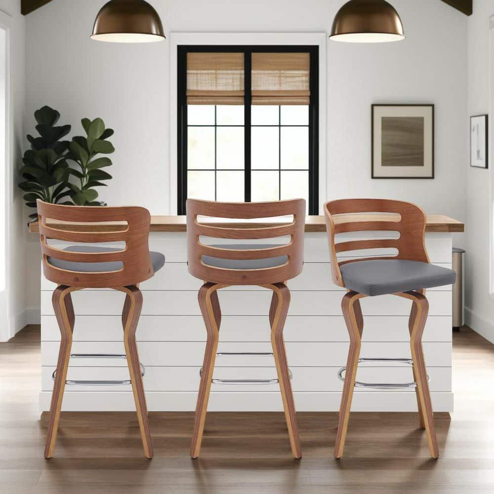 30" Verne Barstool with Faux Leather and Wood Finish Walnut/Gray - Armen Living: Swivel, Footrest, Durable