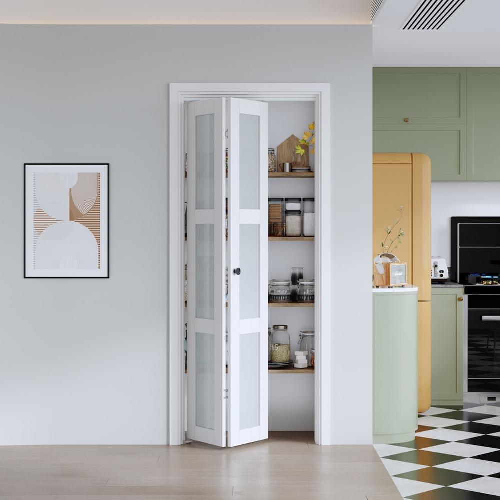 EASELIFE Frosted Glass And Solid Manufactured Wood Bi-Fold Door With Installation Hardware Kit