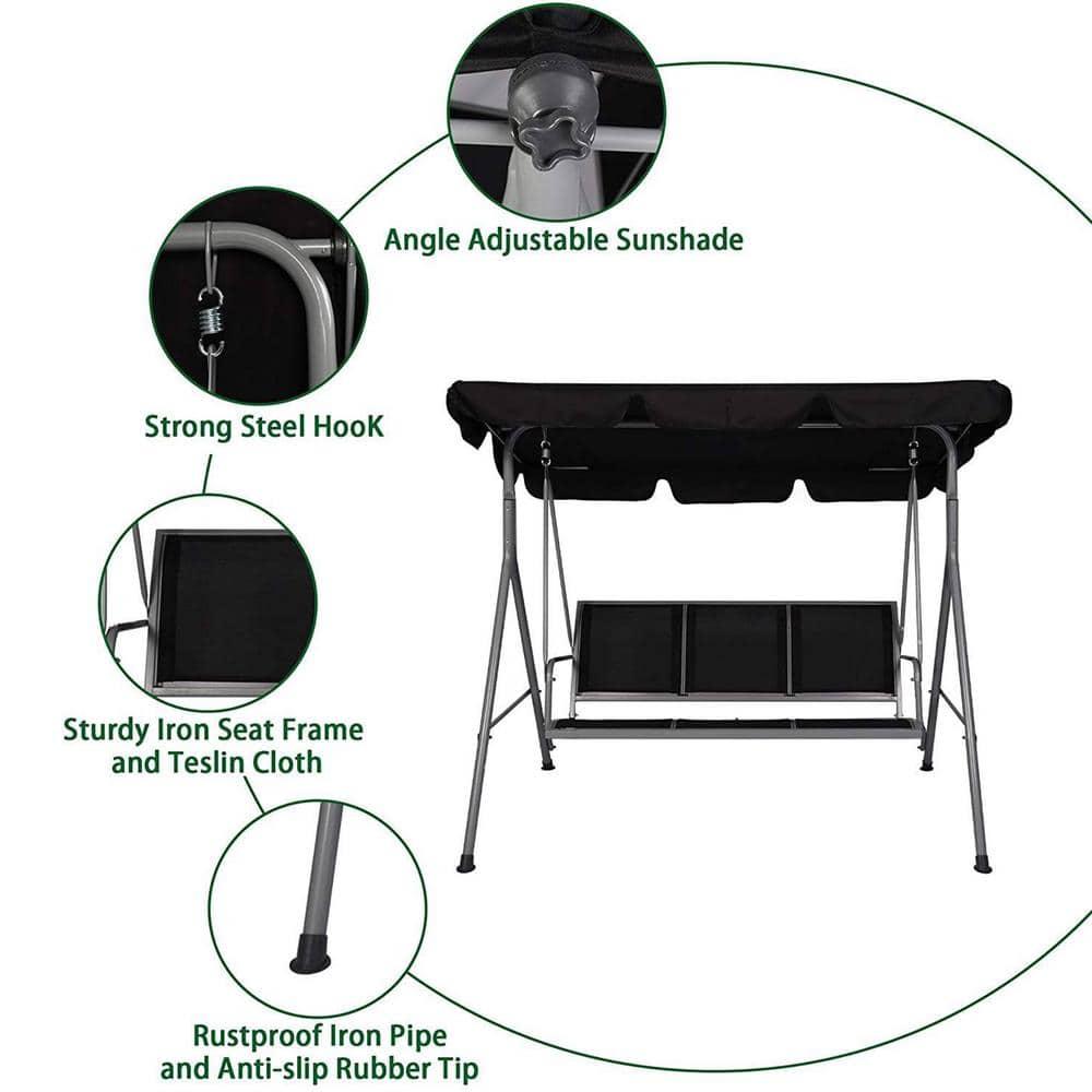 Gray Iron 3-Person Patio Swing with Adjustable Canopy