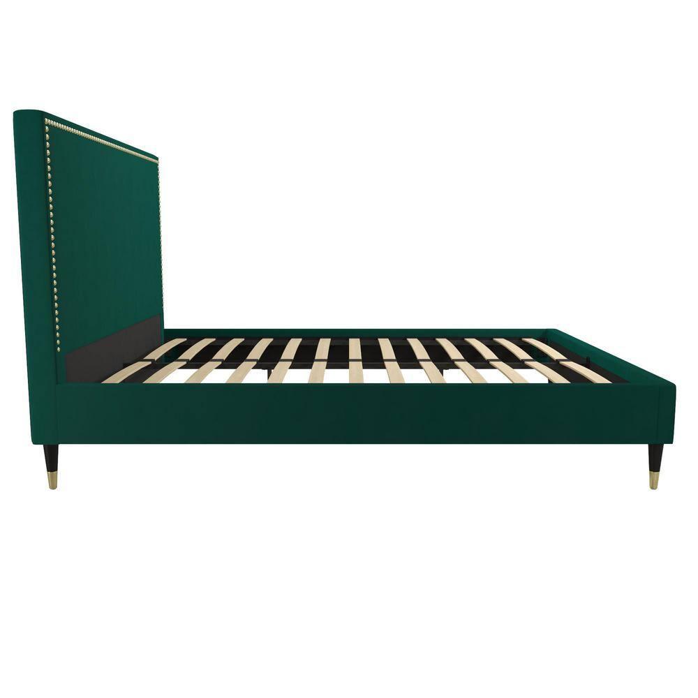 CosmoLiving by Cosmopolitan Queen Audrey Velvet Upholstered Bed Emerald Green: Luxury Glam Style, No Box Spring Needed