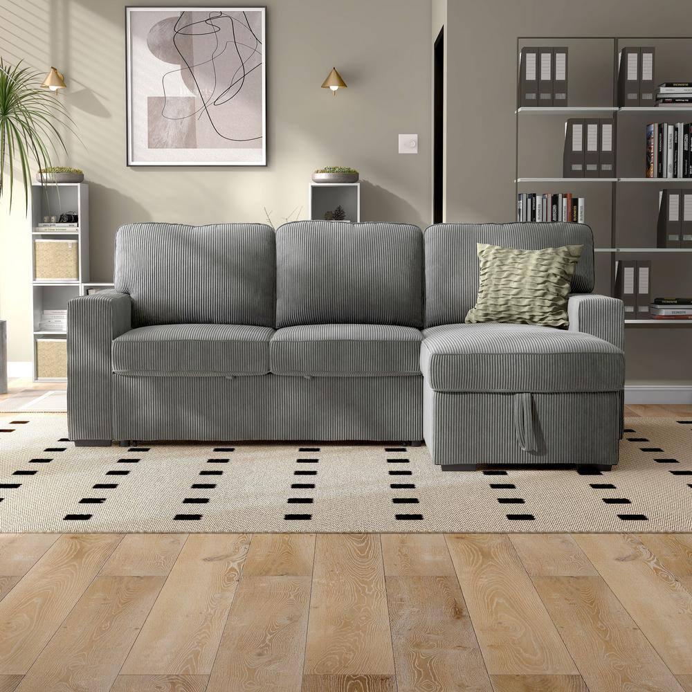 HOMES: Inside + Out Paeke Sleeper Sectional Sofa Corduroy with Storage Chaise and Reversible Dark Gray