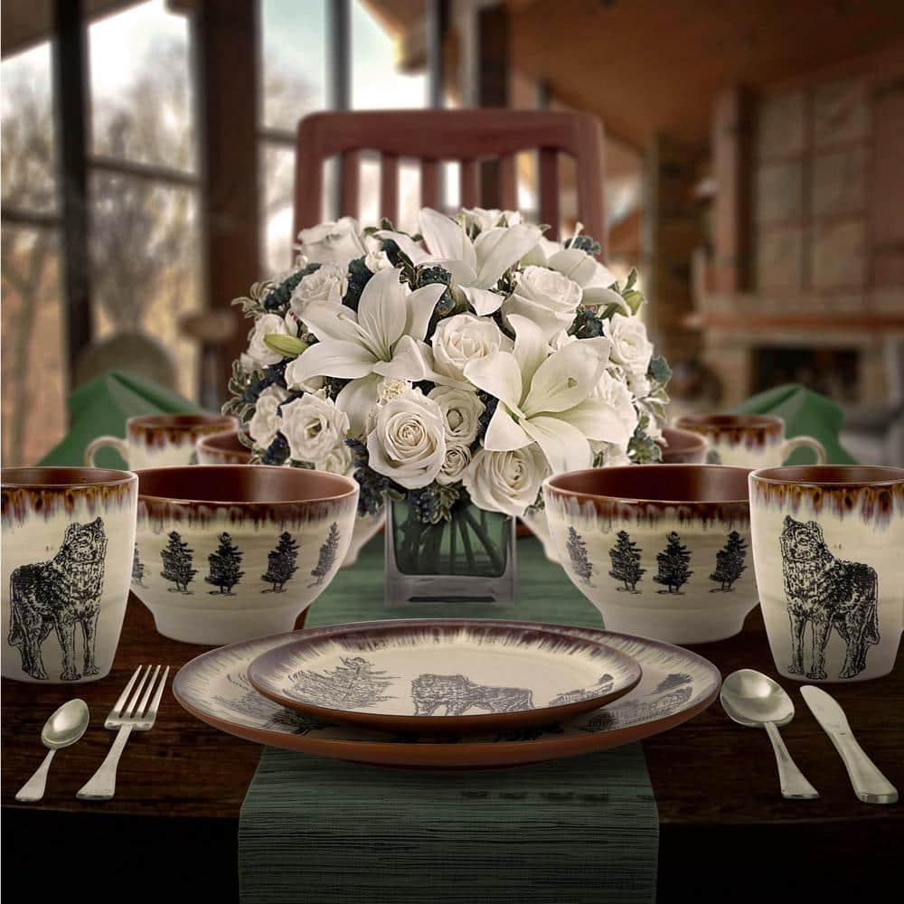 Elama Majestic Wolf 16 Piece Round Stoneware Dinnerware Set in Taupe