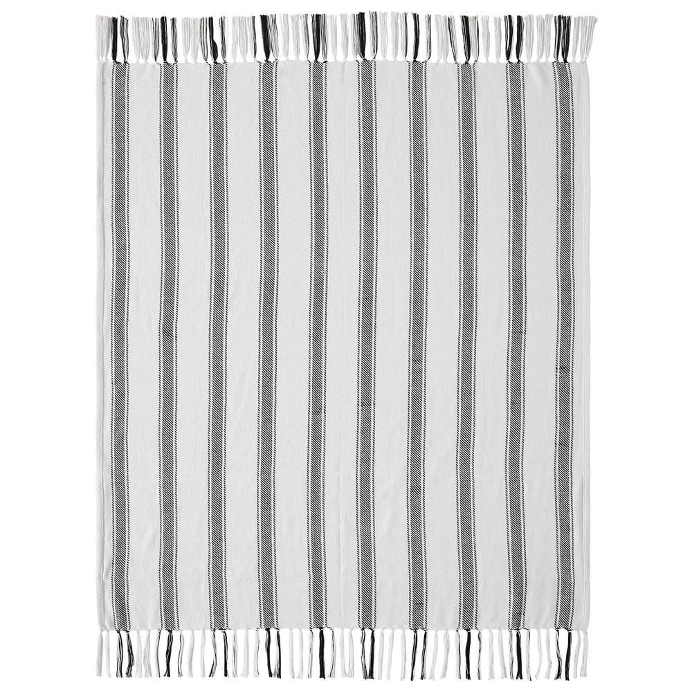 VHC Brands Sawyer Mill Black Ticking Stripe Woven Throw 50x60, Bedroom and Living Room Decor, Blanket, Cotton, Sawyer Mill Black Collection, Rectangle 60x50, Country Black
