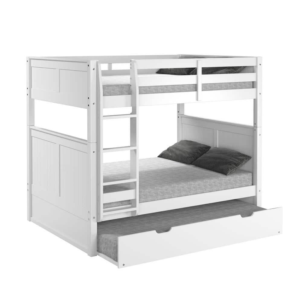 White Full Over Full Bunk Bed with Twin Trundle and Panel Headboard