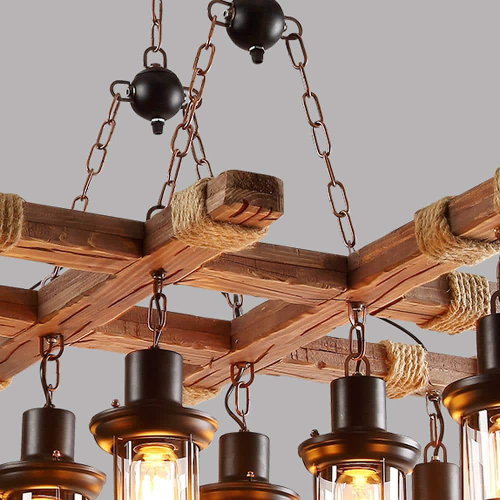 Rongfun 8-Light Rustic Country Chandelier Wood Pendant Lamp Industrial Ceiling Fixture