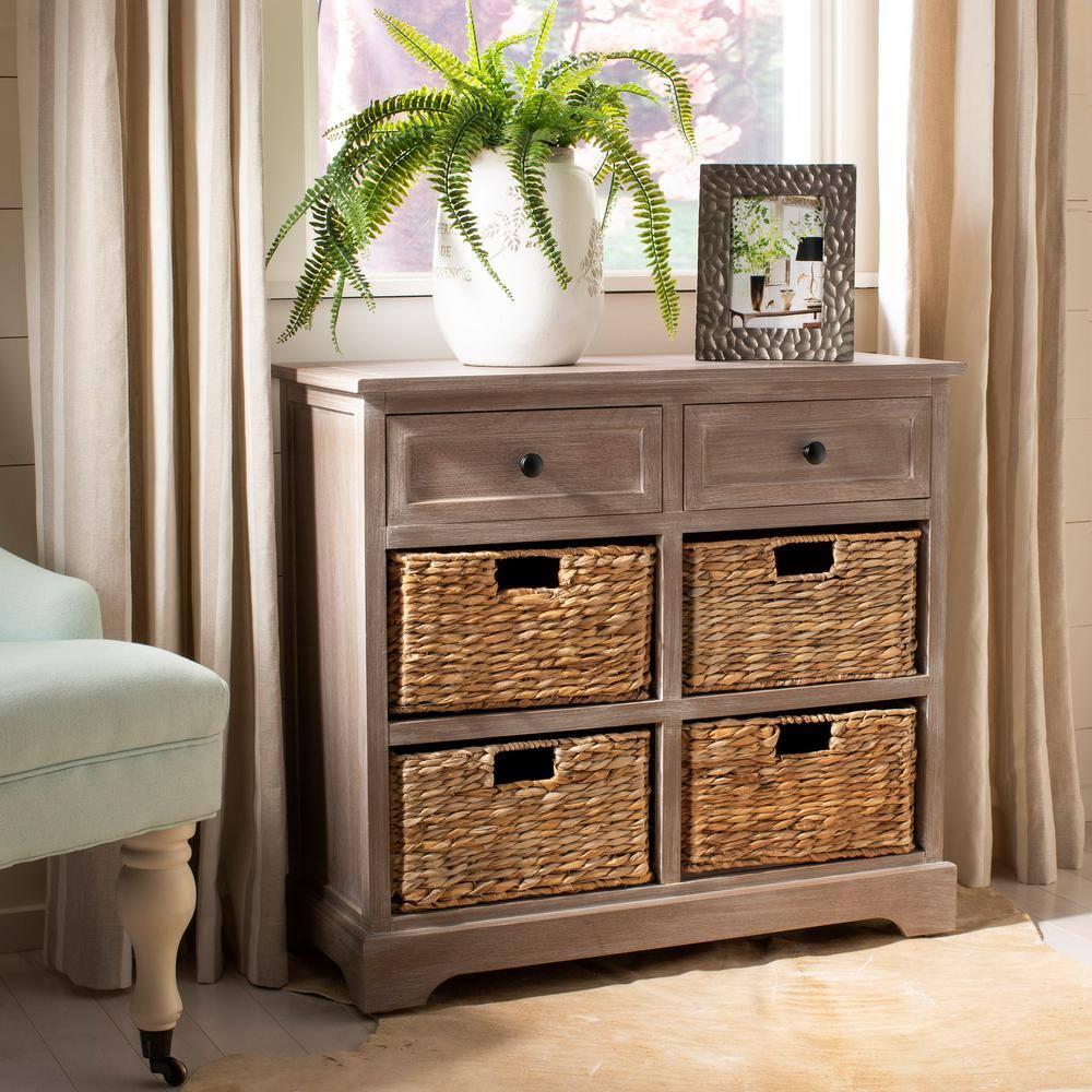 Herman Storage Unit with Wicker Baskets - White Wash - Safavieh.