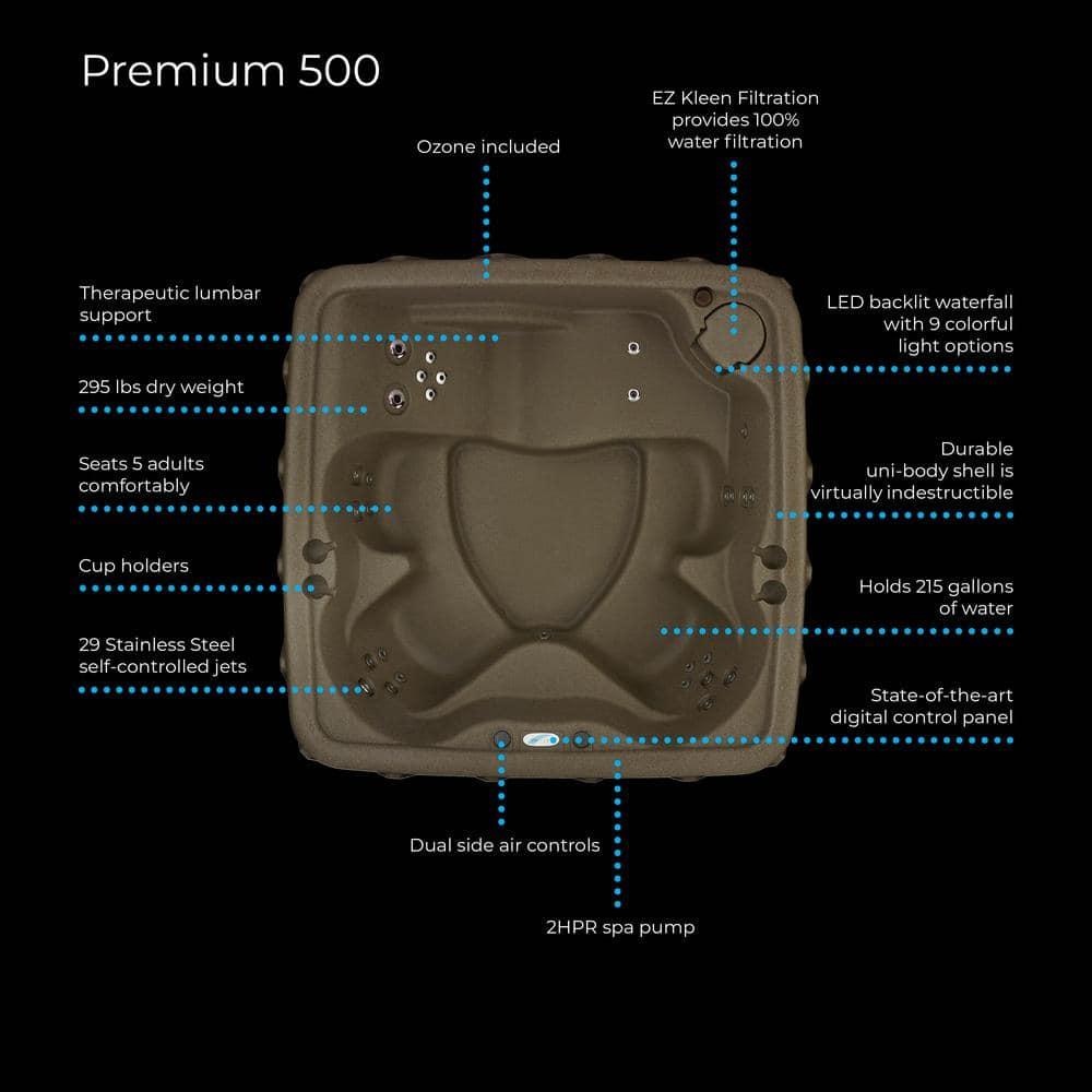 AquaRest Discover AR500 Premium 5-Person 29-Jet Plug & Play Hot Tub with Ozonator, LED Waterfall and Stainless Steel Heater