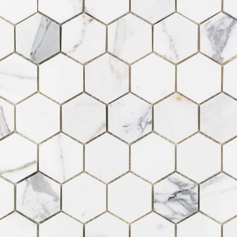 Hexagon Marble Mosaic Tile in White/Gray