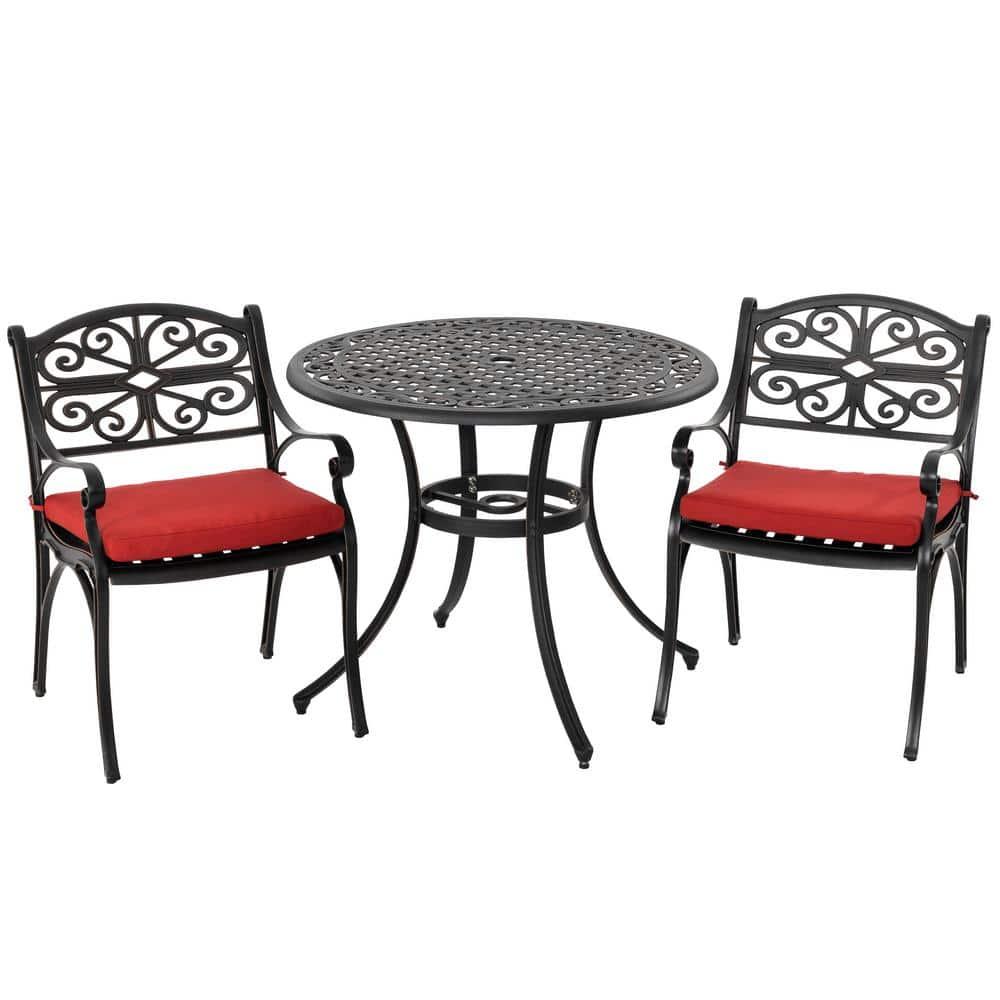 Nuu Garden 3-Piece Patio Bistro Set Outdoor Cast Aluminum Bistro Table and Chairs Set of 2, Outdoor Patio Table Set with Umbrella Hole and Cushions for Patio Balcony, Black