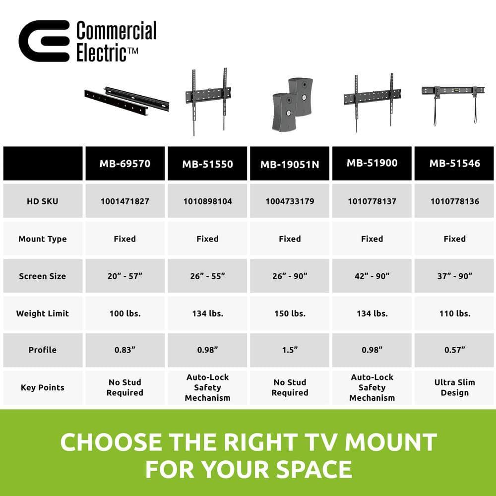 Black Steel Fixed TV Wall Mount for 42 to 90 Inch Screens