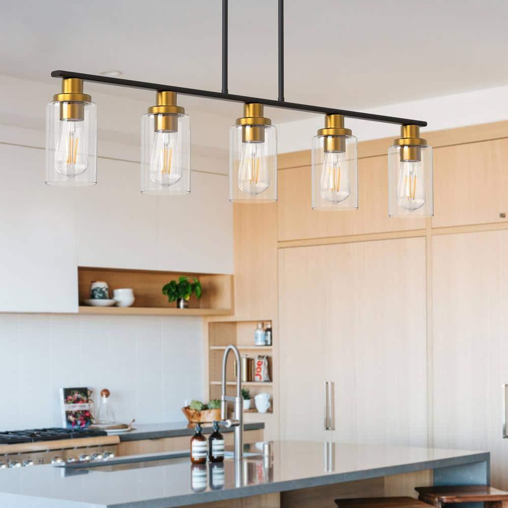 Island Light for Kitchen, 5 Lights Dining Room Lights Fixture with Clear Glass Shade, Matte Black and Gold Finish Pendant Lighting Over Table - ETL Listed