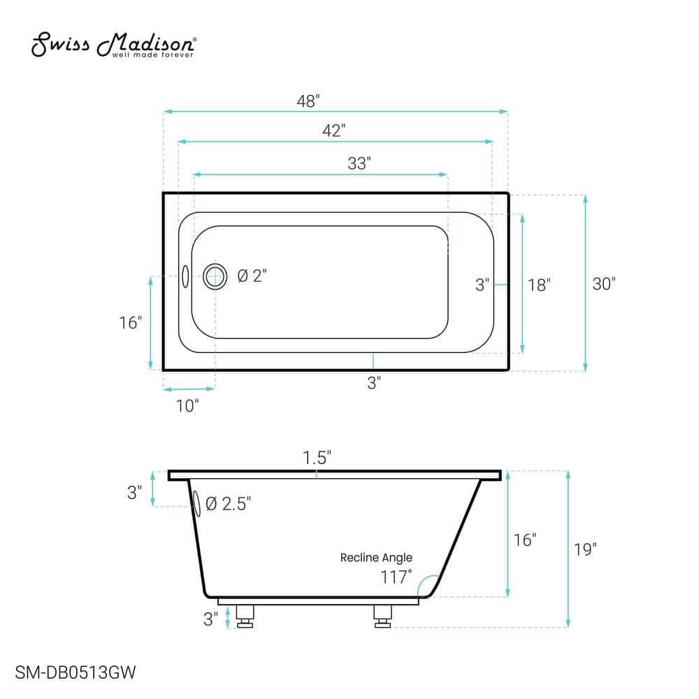 Voltaire 48" X 30" Reversible Drain Drop-In Bathtub