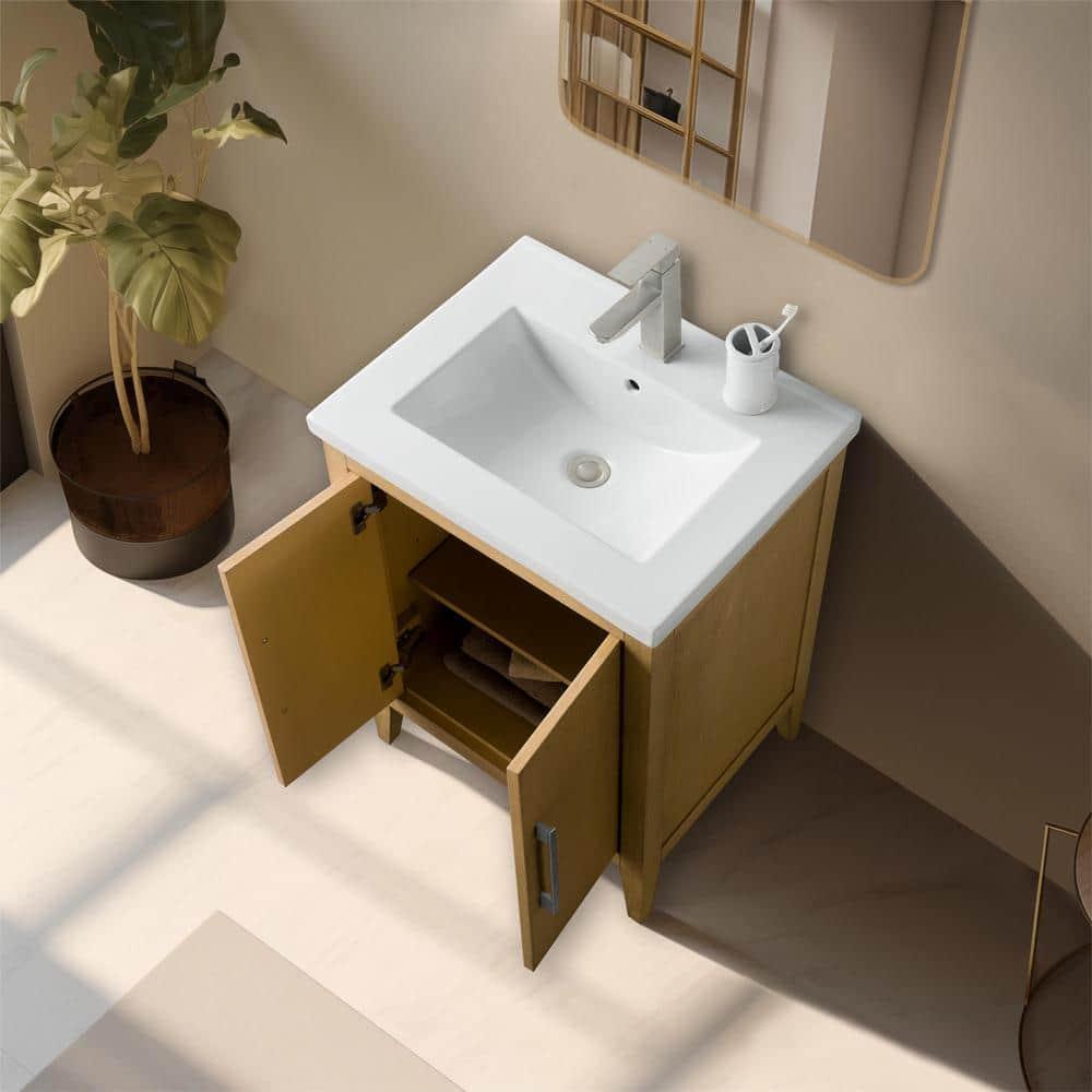 Natural Oak Single Sink Bathroom Vanity with Ceramic Top