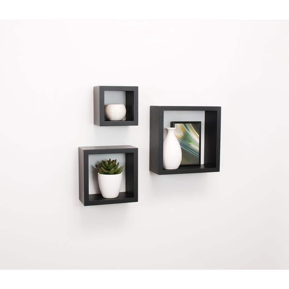 Set of 3 Cubbi Floating Wall Shelves Black: Wood Composite, Space-Saving, Various Sizes
