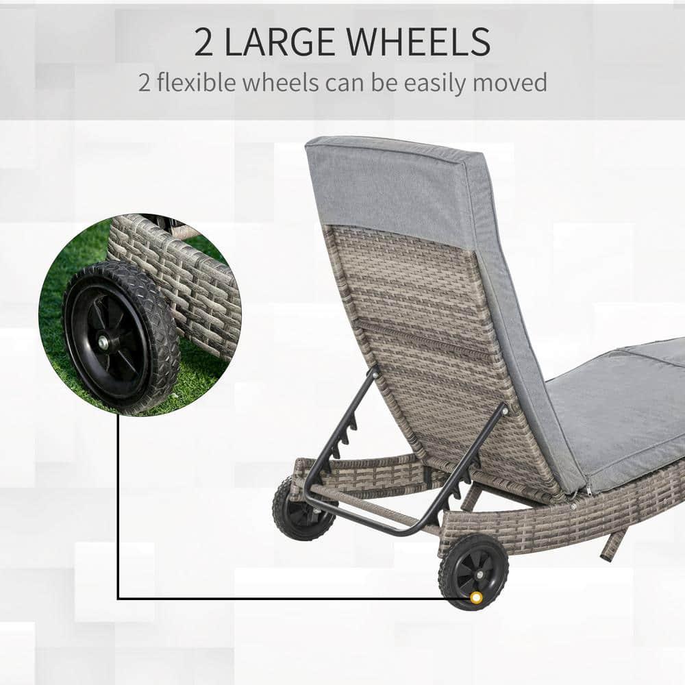 Outsunny Patio Wicker Chaise Lounge Chair, Outdoor PE Rattan Sun lounger w/ 5-Level Adjustable Backrest & 2 Wheels for Easy Movement, Mixed Gray