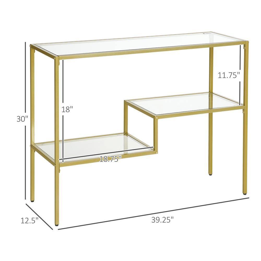 HOMCOM Gold Console Table, 39" Tempered Glass Behind Sofa Table, Narrow Entryway Table with Storage Shelves, Steel Frame Glass Table