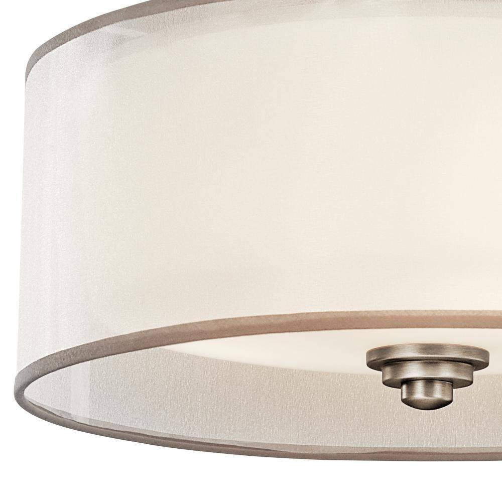 Lacey 15" 3 Light Semi Flush with Satin Etched Cased Opal Inner Diffusers and White Translucent Organza Outer Shade in Antique Pewter