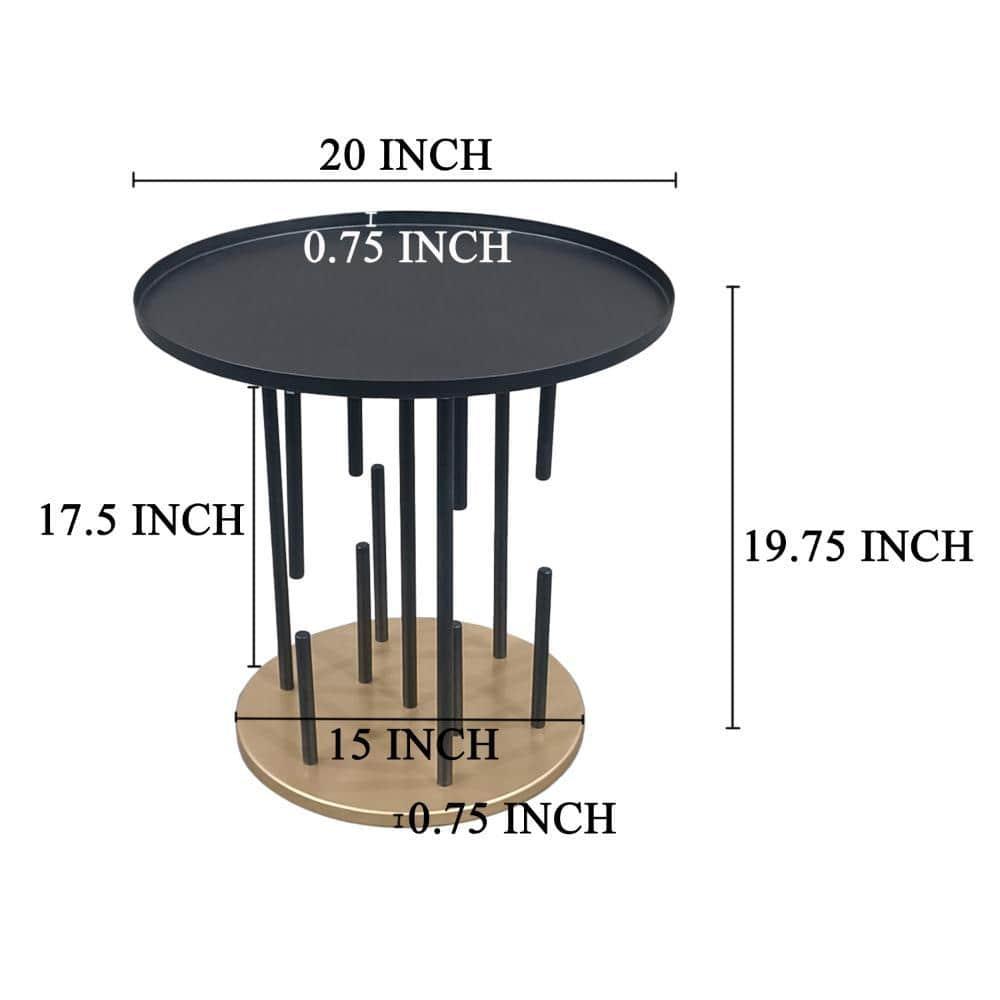 The Urban Port 20" Side End Table Round Matte Black Tray Top Modern Rod Supports with Brass Base Black/Brass