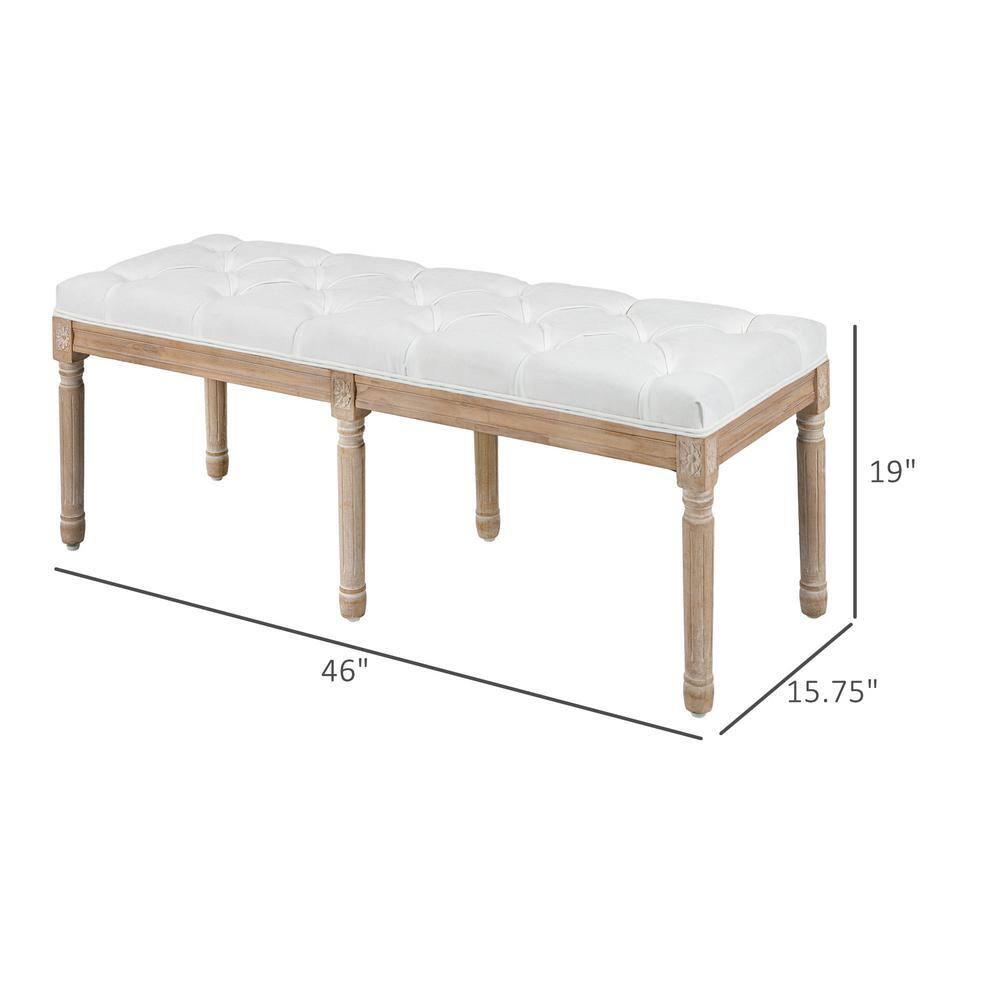 HOMCOM French Vintage Style End of Bed Bench, Linen Upholstered Bench with Thick Padded Seat and Wood Legs, Tufted Bedroom Bench, Cream White