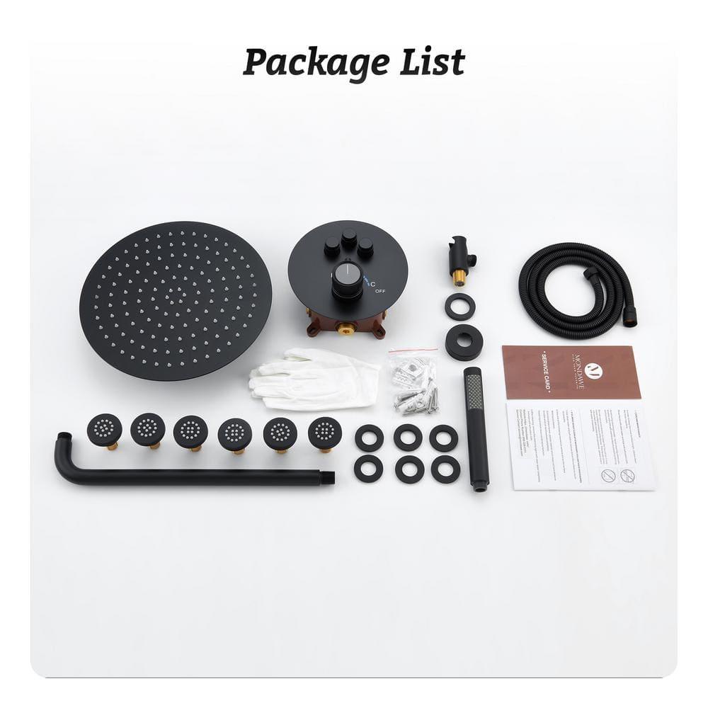 CASAINC Wall Mounted Thermostatic Complete Rainfall Shower System with 6 Body Jets and Rough-in Valve CS6823-12MB