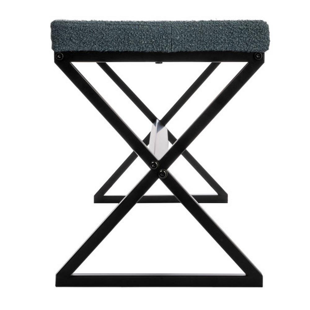 Household Essentials Harper Metal Bench with Boucle Upholstered Cushion, Blue-Grey and Black