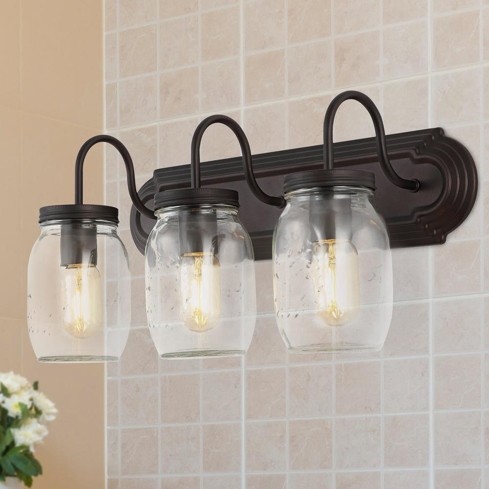 Gaines 19.3" 3-Light Farmhouse Industrial Iron Mason Jar LED Vanity, Oil Rubbed Bronze/Clear