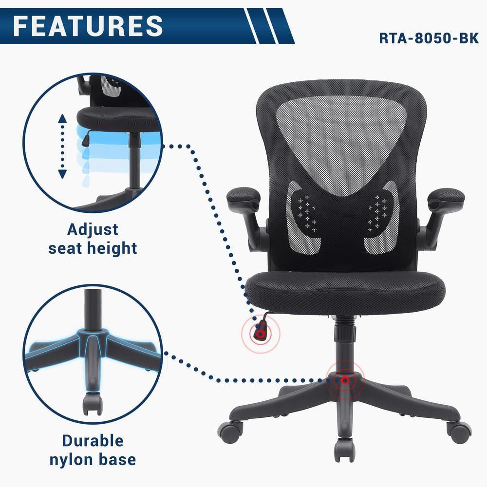 Techni Mobili Mesh Task Office Chair with Flip Up Arms Black - Techni Mobili: Ergonomic, Adjustable, Swivel, Nylon Frame