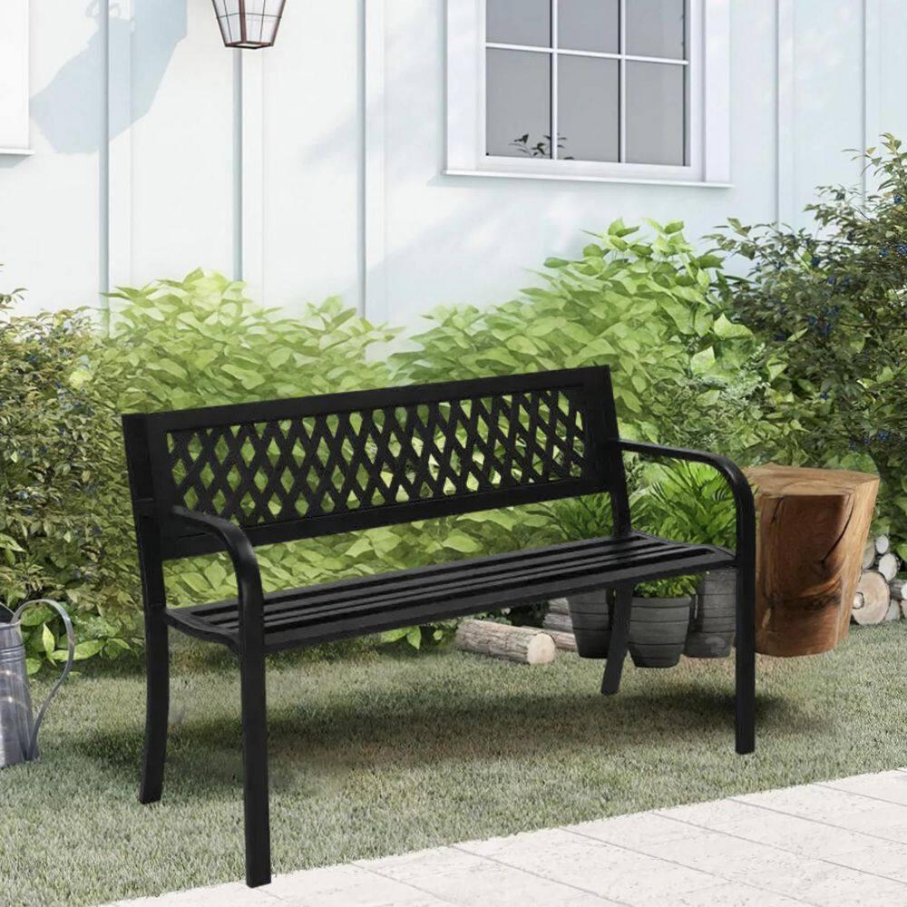 Gardenised Outdoor Steel 47 Park Bench for Yard, Patio, Garden and Deck, Black Weather Resistant Porch Bench, Park Seating