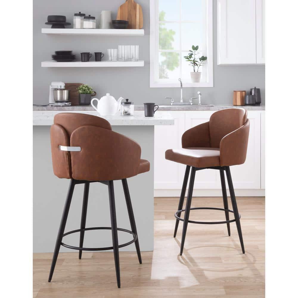LumiSource Set of 2 Dahlia Counter Height Barstools Camel: Upholstered Swivel, Faux Leather, Metal Frame