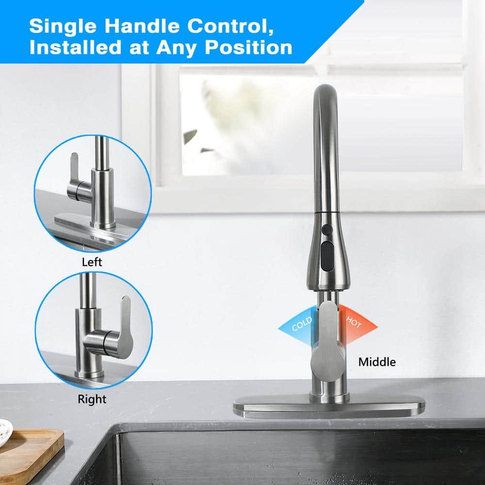 maiguoone ATKW-4047-173 Stainless Steel Single-Handle Pull-Down Sprayer Kitchen Faucet with Soap Dispenser in Brushed Nickel