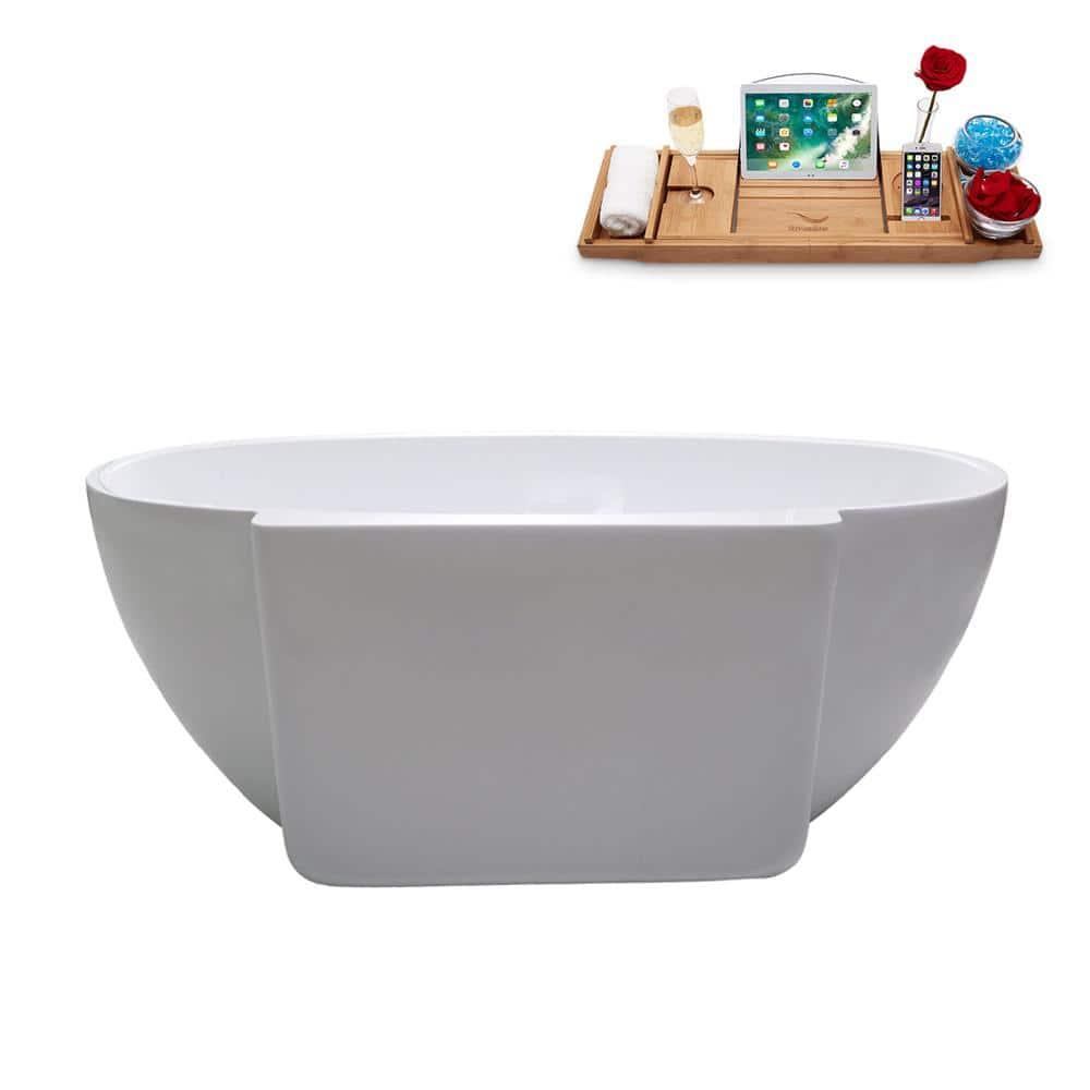 59" Streamline Freestanding Soaking Acrylic Bathtub With Drain and Bamboo Tray