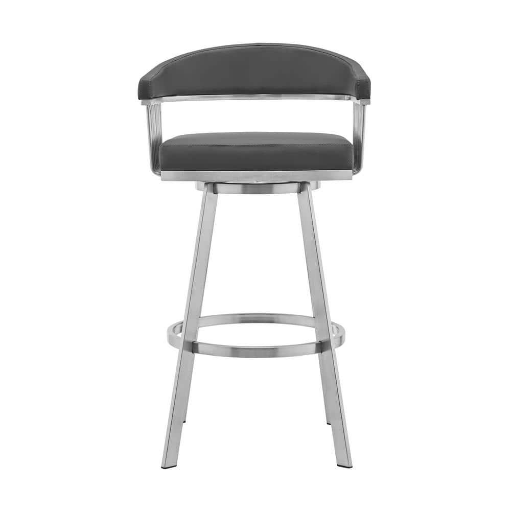 Armen Living Indoor Bronson 29" Gray Faux Leather and Brushed Stainless Steel Swivel Bar Stool