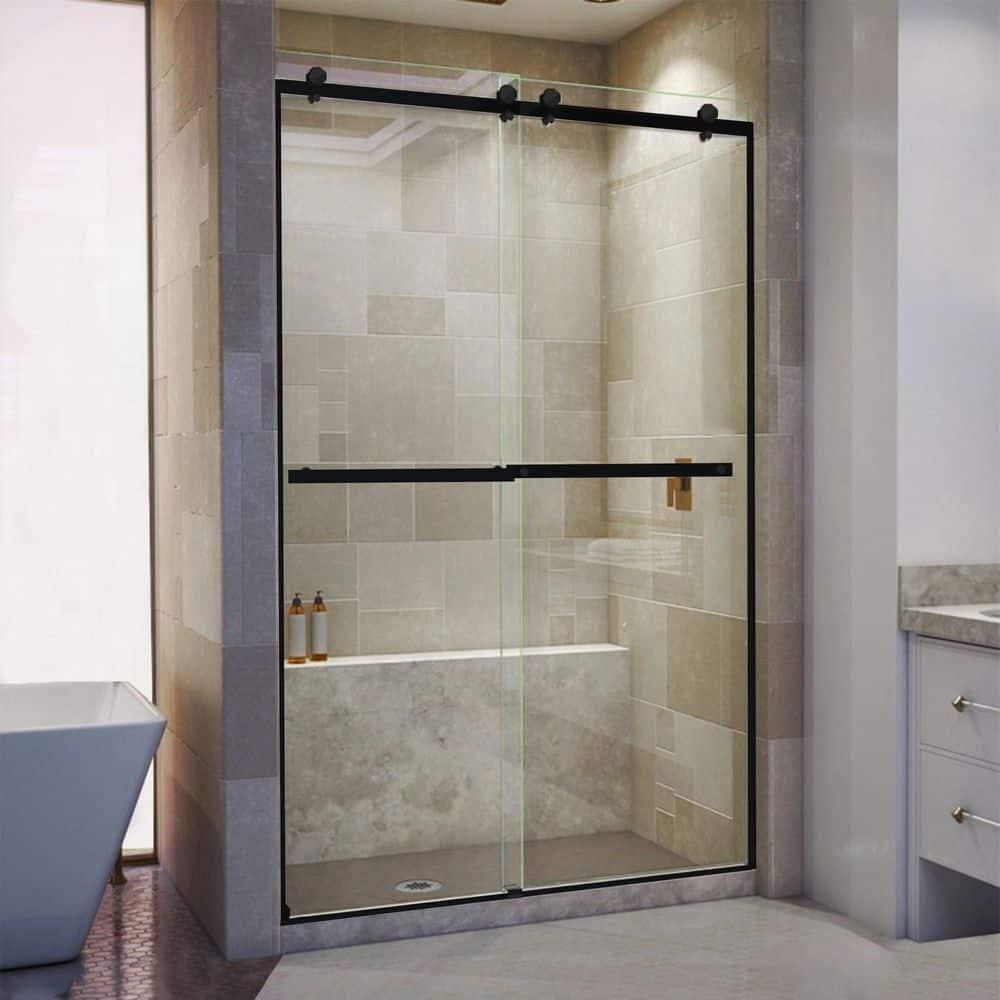 Portofino Frameless Double Sliding Shower Door 44"-48" Width, 74" Height Clear Tempered Glass 3/8 with Matte Black finish & Stain Resistant Glass Coating by Fab Glass and Mirror
