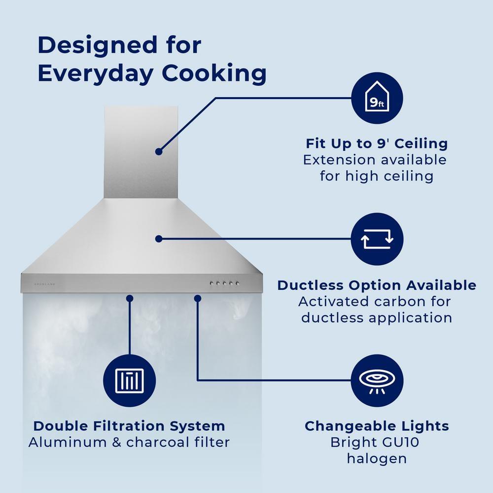 Hauslane Hauslane Wall Mount Range Hood 30 Inch | Wall Chimney | 6” Duct/Ductless Convertible, Strong Suction, Six-layer Aluminum Filters, Changeable LED Lamps, Stove Kitchen Vent Hood WM-530WHT-30B