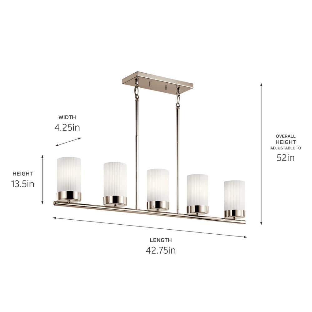 Polished Nickel and Brass 5-Light Linear Chandelier with Ribbed Glass Shades