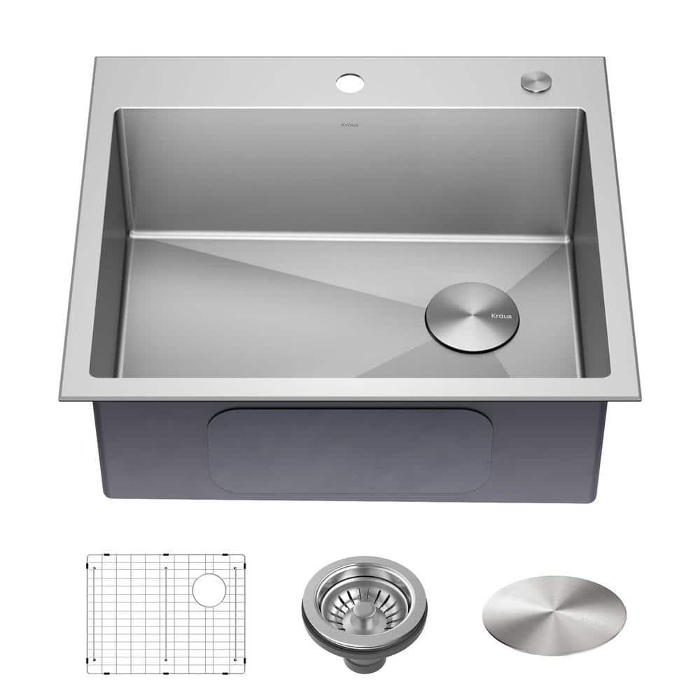 Kraus KHT411-25 Standart Pro Drop-in Topmount 16 Gauge Single Bowl 2-Hole Stainless Steel Set (5 Item Bundle: Sink, Bottom Grid, Assembly, Drain Cap, Kitchen Towel), 25 Inch, Tight Radius
