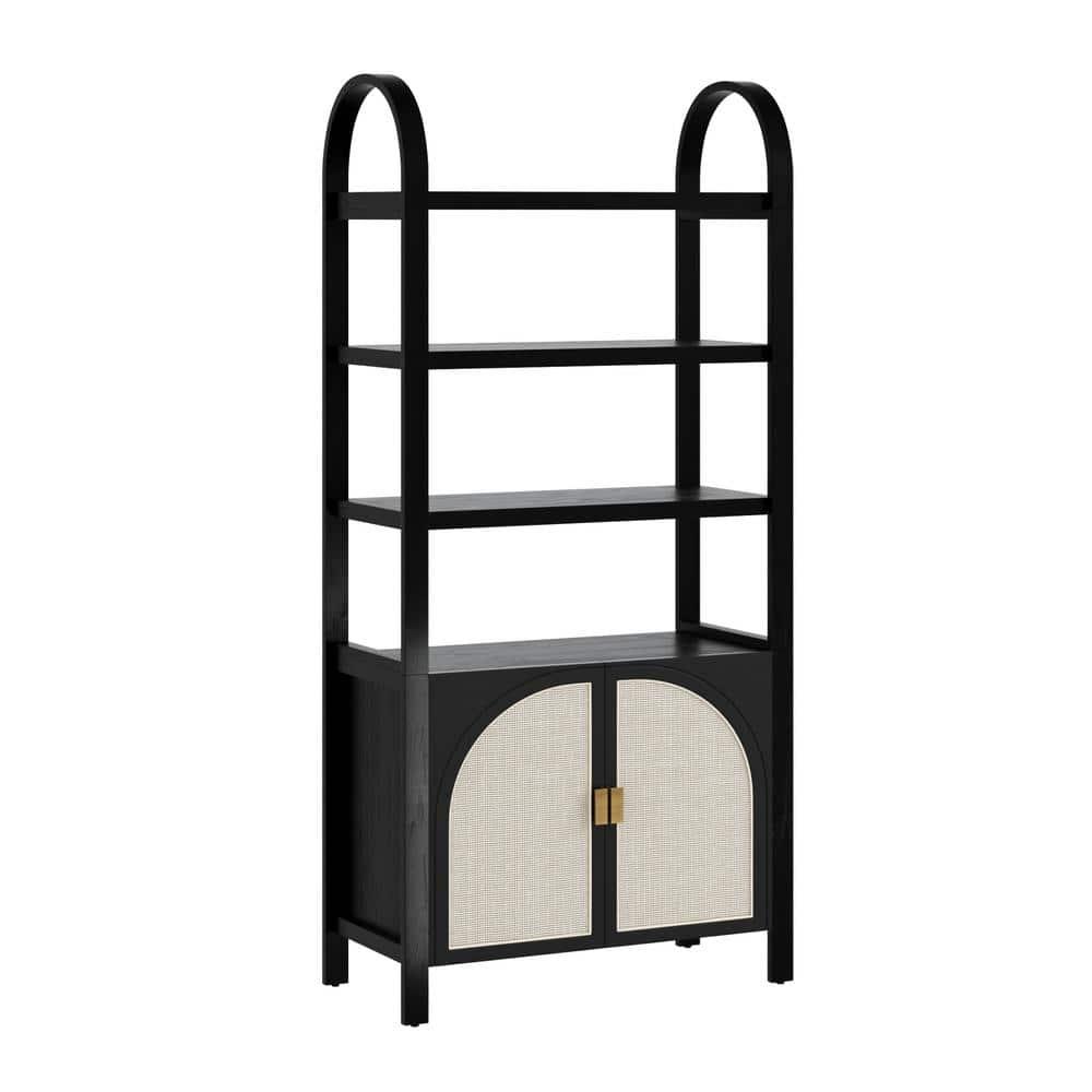 Boho 3-Shelf Bookshelf Cabinet With Rattan Doors
