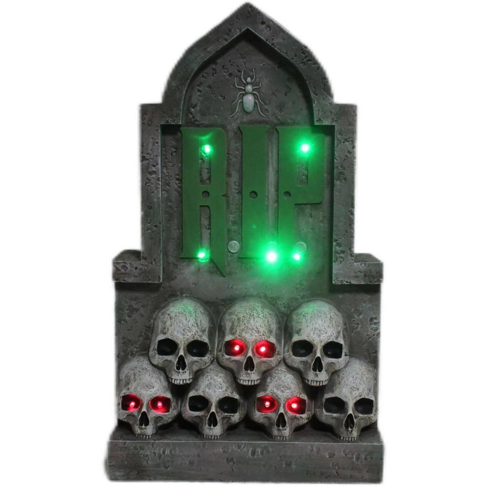 Haunted Hill Farm Haunted Hill Farm 2 ft. RIP Tombstone with Skulls, Pre-Lit LED RIP and Skull Eyes Gothic Décor