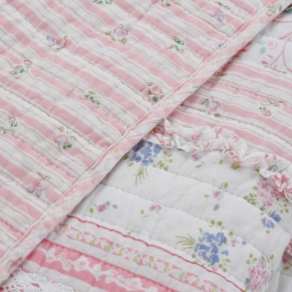 Pink Rose Peonies Ruffle 4-Piece Pink Floral Stripe Cotton Bedding Set with Decor Pillow King Quilt Set