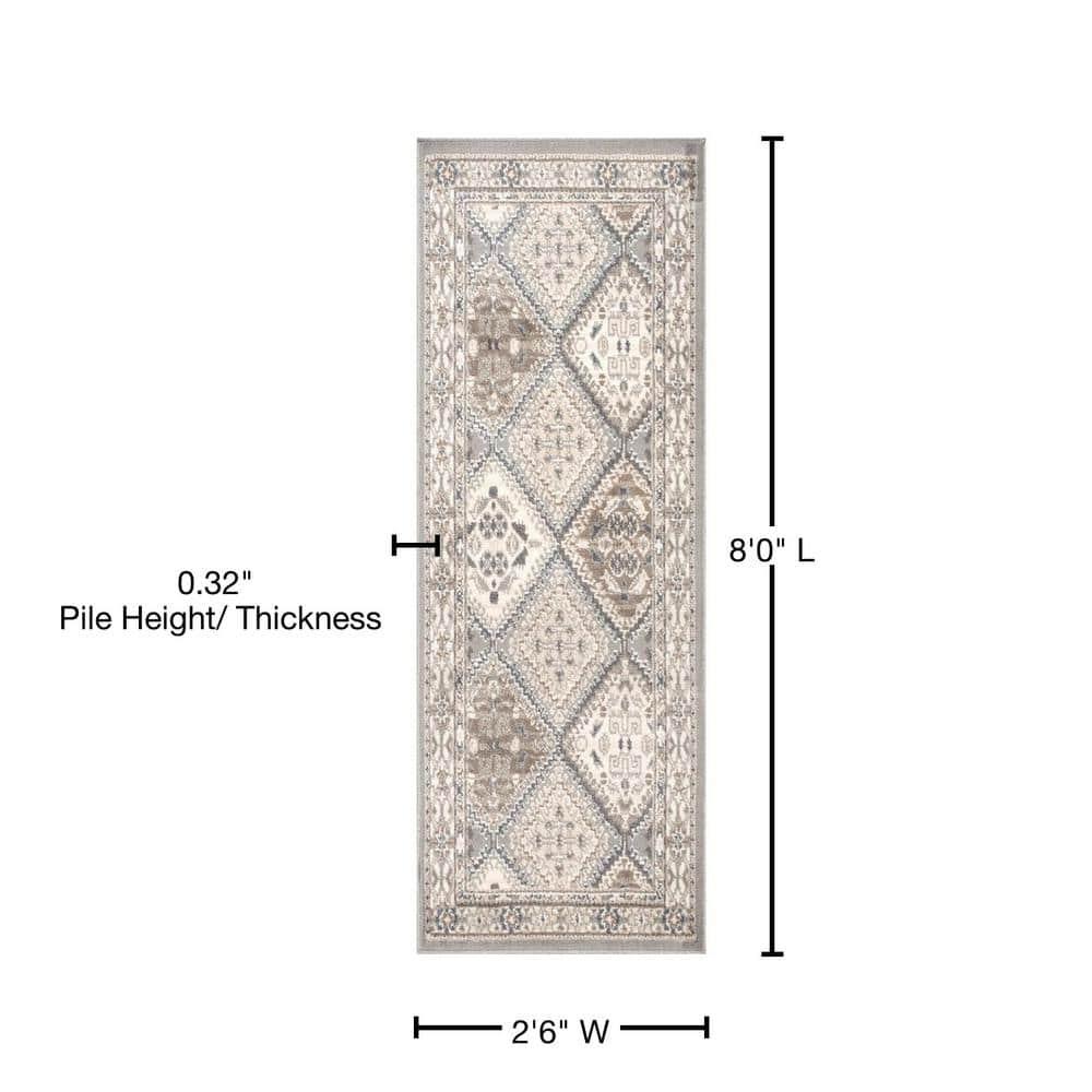 Nuloom 2x8 Becca Tiled Indoor Area Rug, Taupe, Faded Transitional Design, Stain Resistant, Bedroom, Living Room, Kitchen