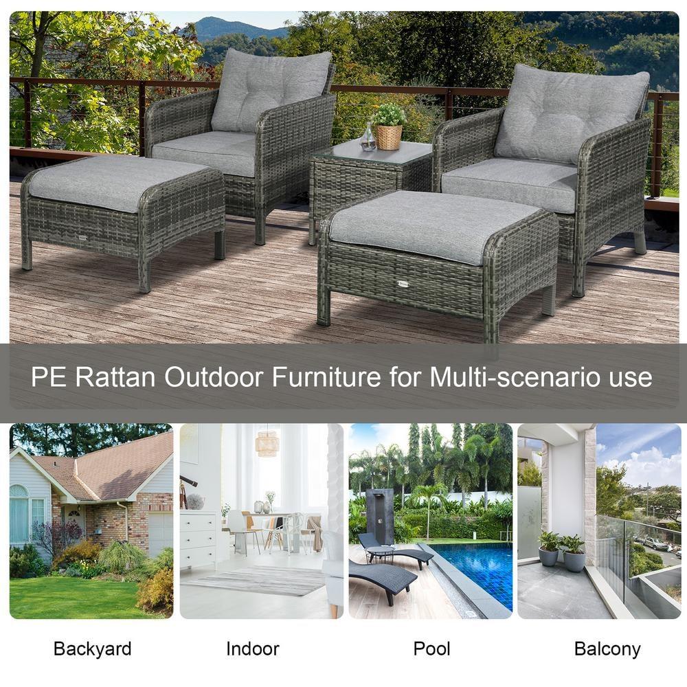Outsunny 5 Pieces Rattan Wicker Lounge Chair Outdoor Patio Conversation Set with 2 Cushioned Chairs, 2 Ottomans & Glass Coffee Table, Gray