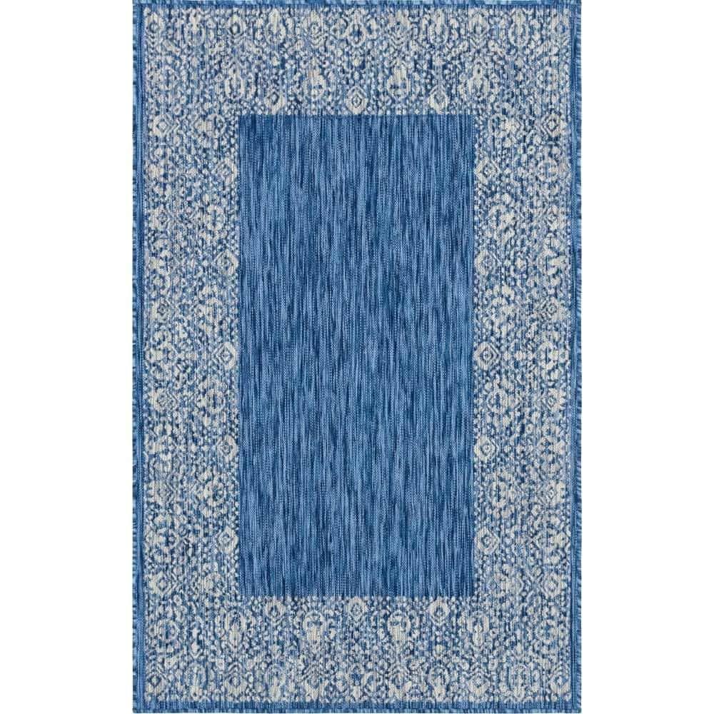 Unique Loom Outdoor Border Collection Area Rug - Floral Border (5' 1" x 8' Rectangle Blue/Ivory)