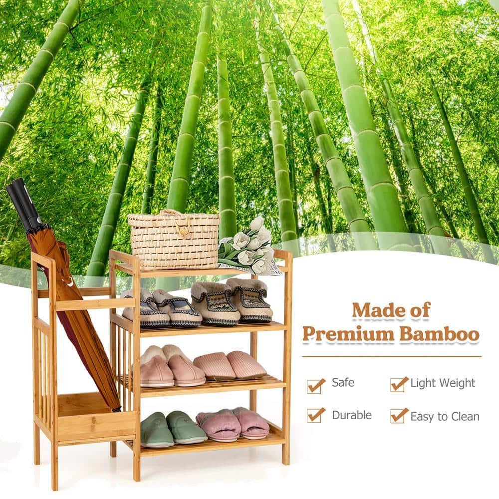 Costway 4-Tier Bamboo Shoe Rack Entryway Organizer w/Umbrella Holder & Shelves
