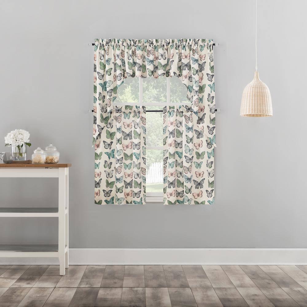 2pc 56"x24" No. 918 Sheer Magdalena Butterfly Print Rod Pocket Kitchen Curtain Tier Pair: Polyester, Machine Washable
