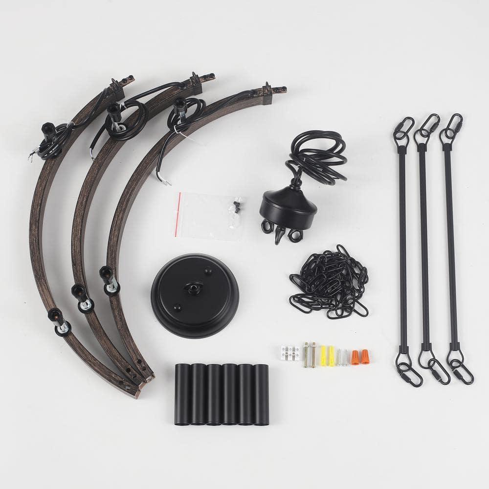 22.04 in. 6-Light Black Rustic Farmhouse Chandelier, Wagon Wheel Chandelier for Dining Room Living Room Bedroom Kitchen Black